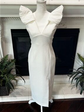 Rebecca Vallance Bom Ami White Puff-Sleeve V-Neck Midi Dress (2020)